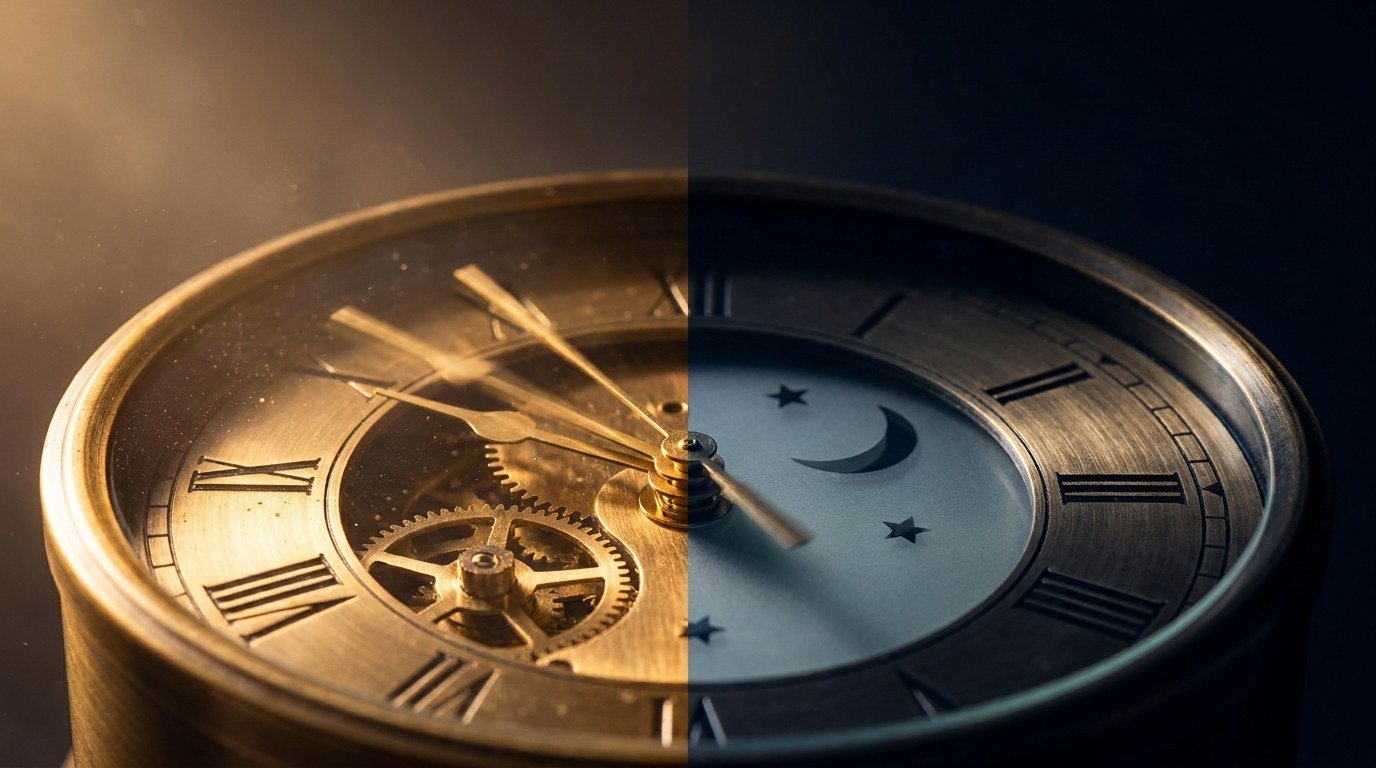 Split clock face showing day and night representing Daylight Saving Time