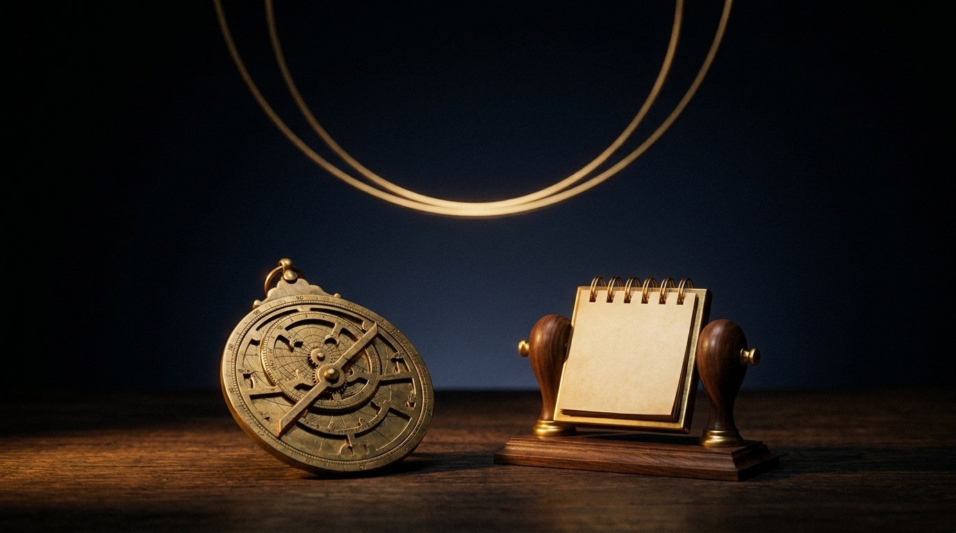 Antique brass astrolabe and calendar representing leap years and leap seconds