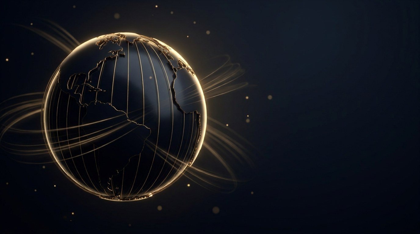 Dark globe sliced by glowing longitude lines representing world time zones