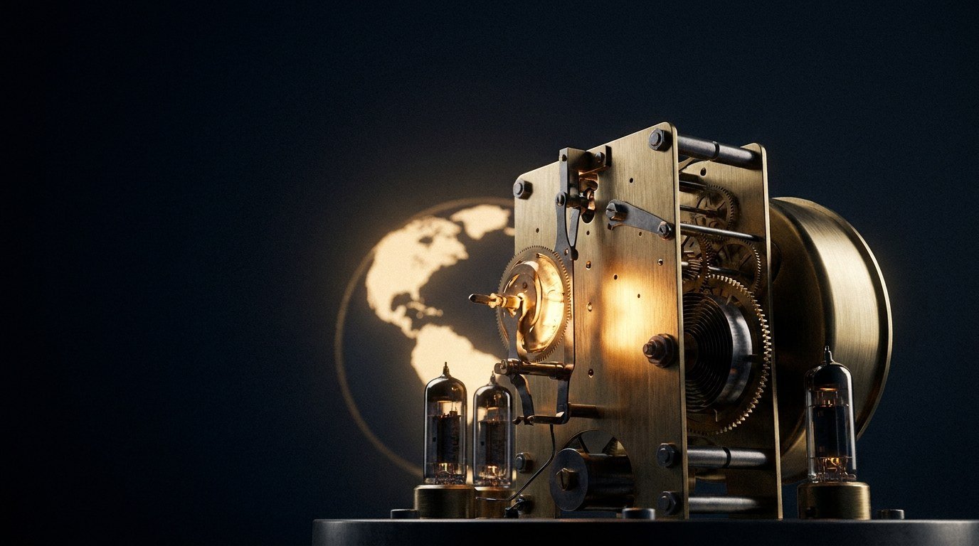 Glowing atomic clock mechanism representing UTC time synchronization