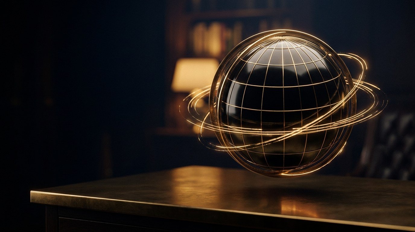 Illuminated globe with glowing meridian lines representing world time zones
